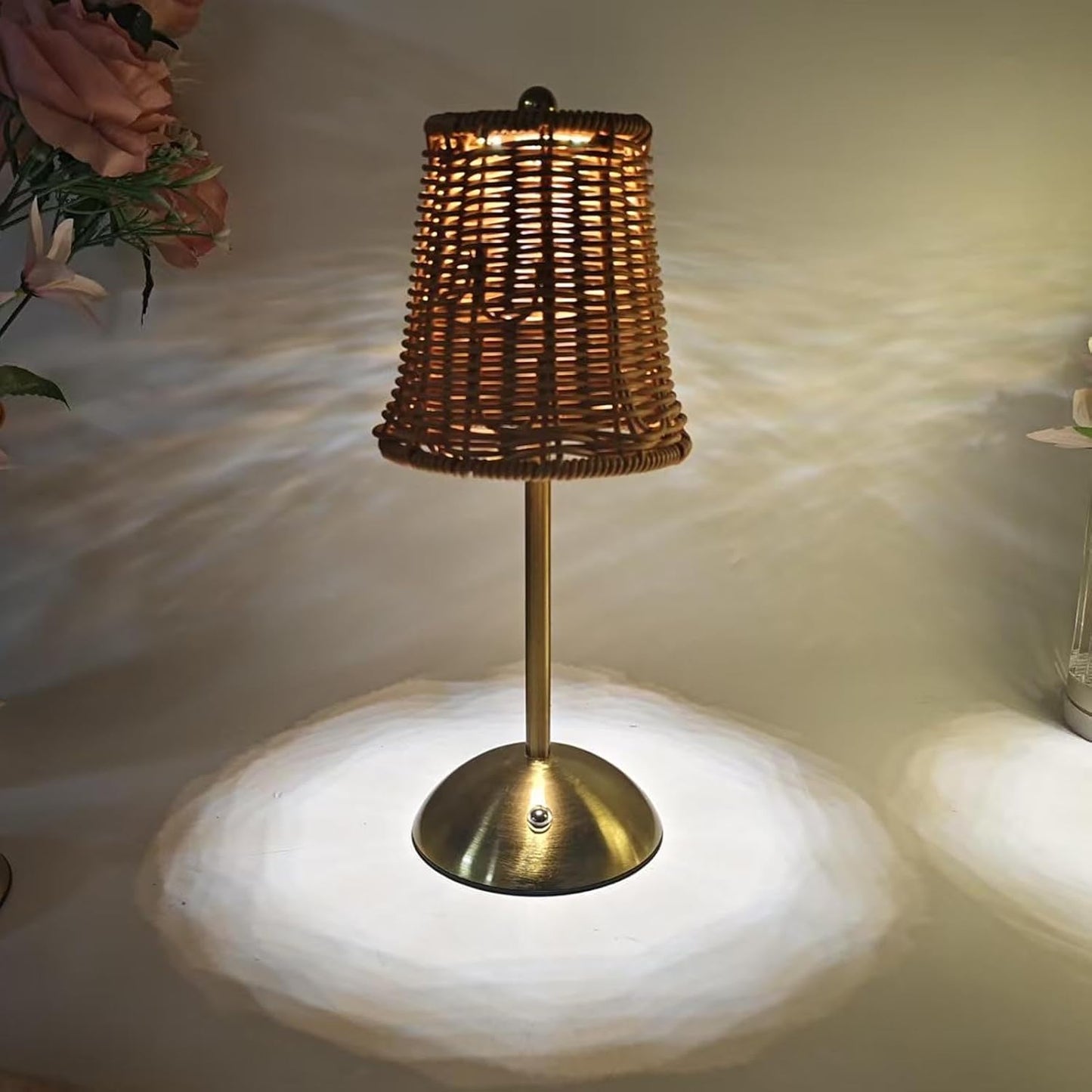 Rattan Table Lamp, Vintage Rattan LED Rechargeable Reading Light, 3 Color Temperatures Dimmable Bedside Lamp, Wicker Night Light for Bedroom, Living Room, Office (Brown Lampshade)