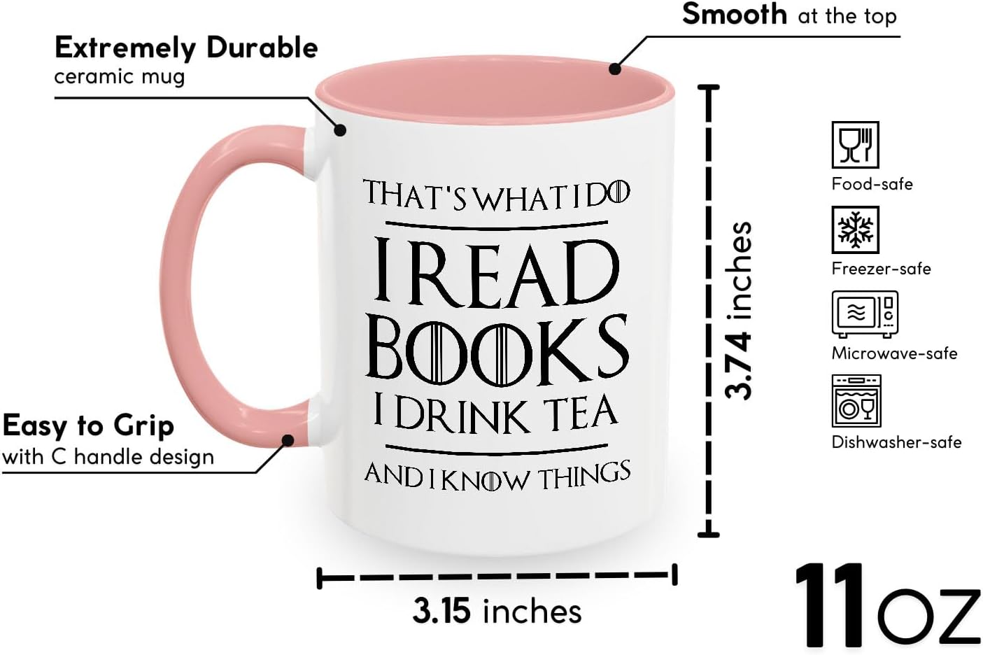 Book Lover Two Tone Pink Coffee Mug 11Oz - Read Books Drink Tea - Reading Reader Tea Lover I Know Things Book Addict Book Lover Bookish Novelist Librarian Writer