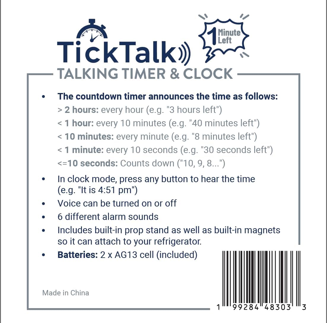 Talking Timer, Visual Timer Alternative, & Digital Clock Voice Countdown Announcements Every Hour/10 Min/1 Min | Cooking, Kids/Adults, Workouts, Classroom & ADHD and ADD Time Management.