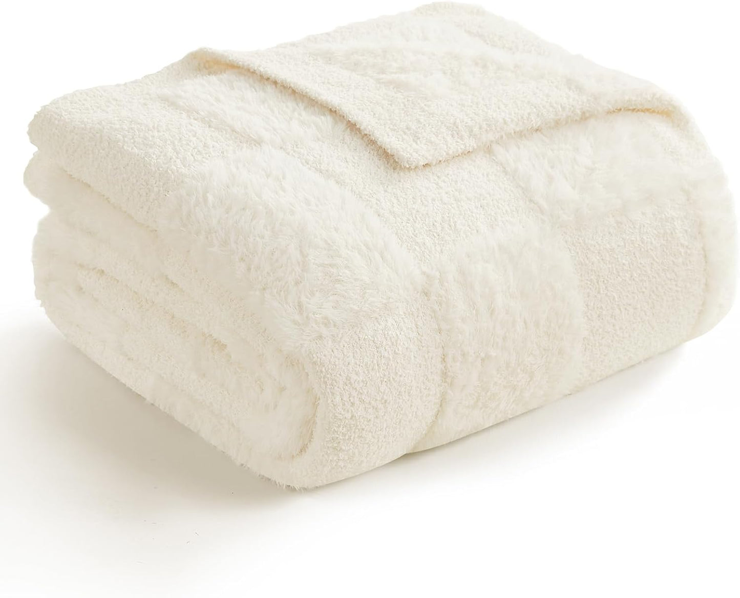 Snuggle Sac Checkered Throw Blanket Faux Fur Microfiber Blankets for Couch,Cozy Soft Warm Blanket for Sofa Bedroom Living Room,Solid Ivory,50x60 inches