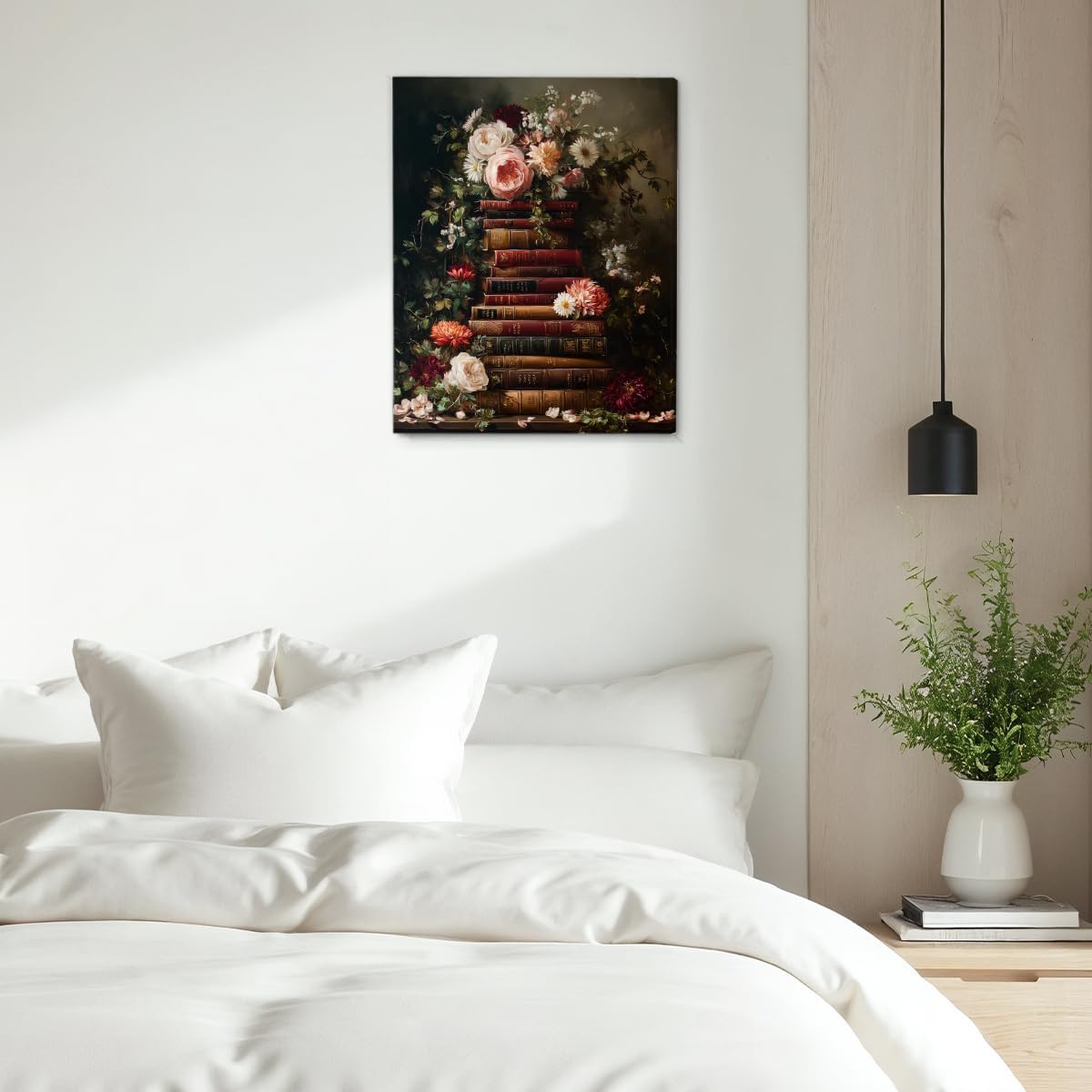 Vintage Floral Books Wall Art Moody Flowers Bookish Canvas Print Poster Dark Academia Wall Decor for Farmhouse Reading Nook Study 8x10 Inch Framed