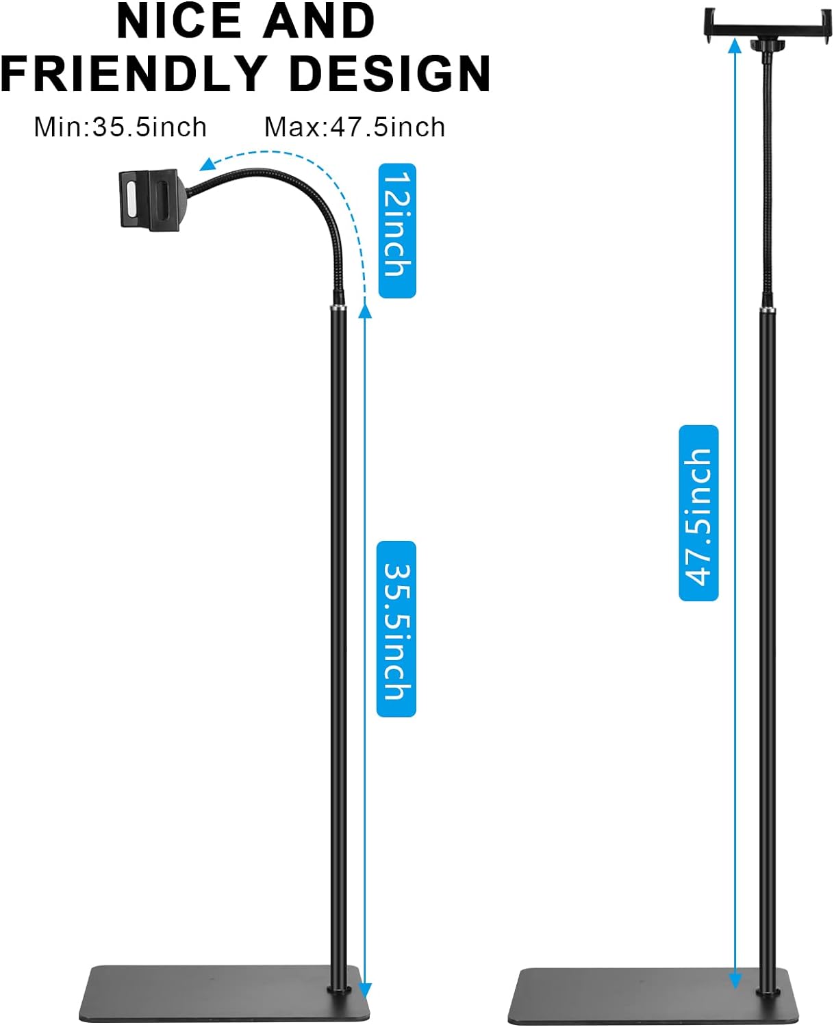 Tablet Floor Stand with Double Weight Base 360-degree Rotatable Metal Tablet Holder with Flexible Gooseneck Holder Long Arm for iPad Mini Air Pro, All Cell Phones iPhone & Tablets (4.5-12.9-inch)