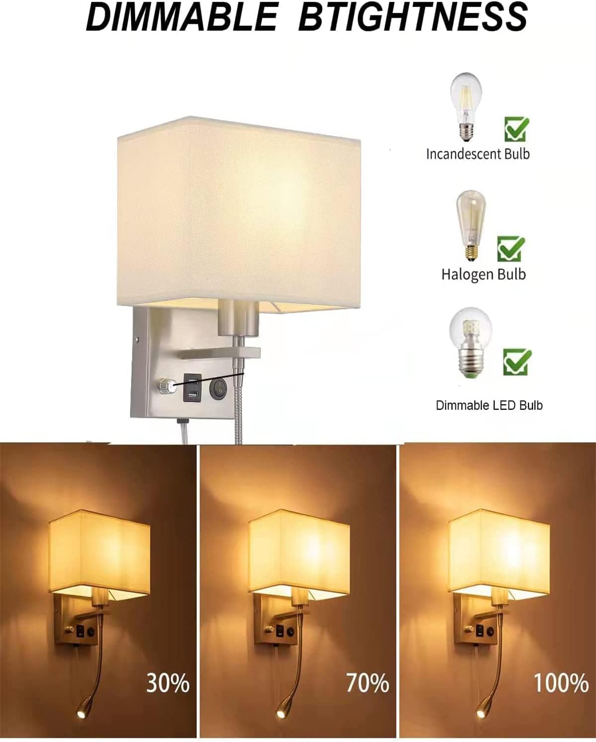Wall Sconce Plug in Cord Set of 2, Bedside Wall Mount Lights with Dimmable Switch, LED Bedroom Wall Lighting Fixtures with Reading Lamp USB Ports Brushed Nickel