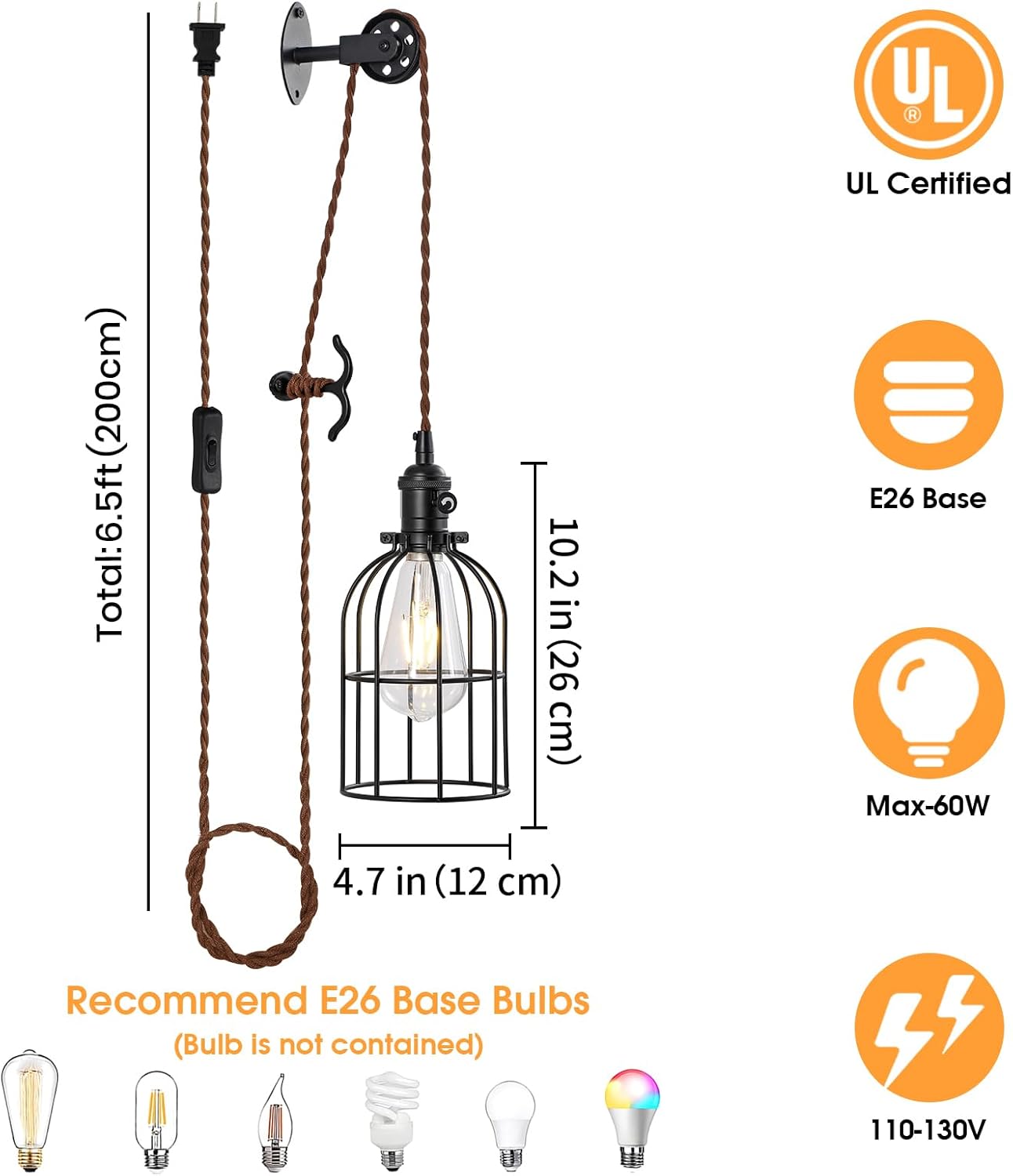 SEEBLEN Plug in Pendant Light Set of 2,Industrial Hanging Lamps that Plug into Wall Outlet,Farmhouse Pulley Pendant Light with Plug in Cord, Wall Lamps for Bedroom Living Room Kitchen.