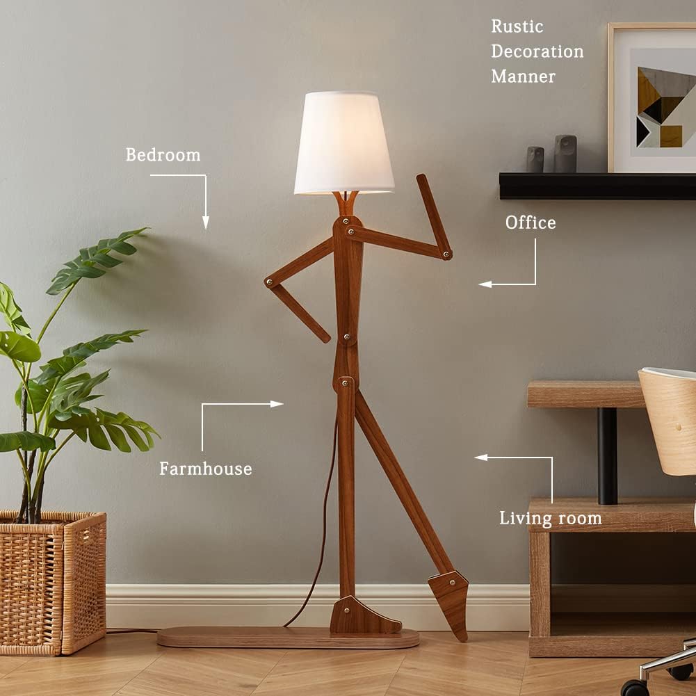 Cute Cool Floor Lamp for Living Room Bedroom Office Farmhouse - Corner Decorative Standing Reading Light Wood Swing Arm Design Gift for Kids/Boys/Girls Room, Dorm - Bulb Included (Walnut-M)