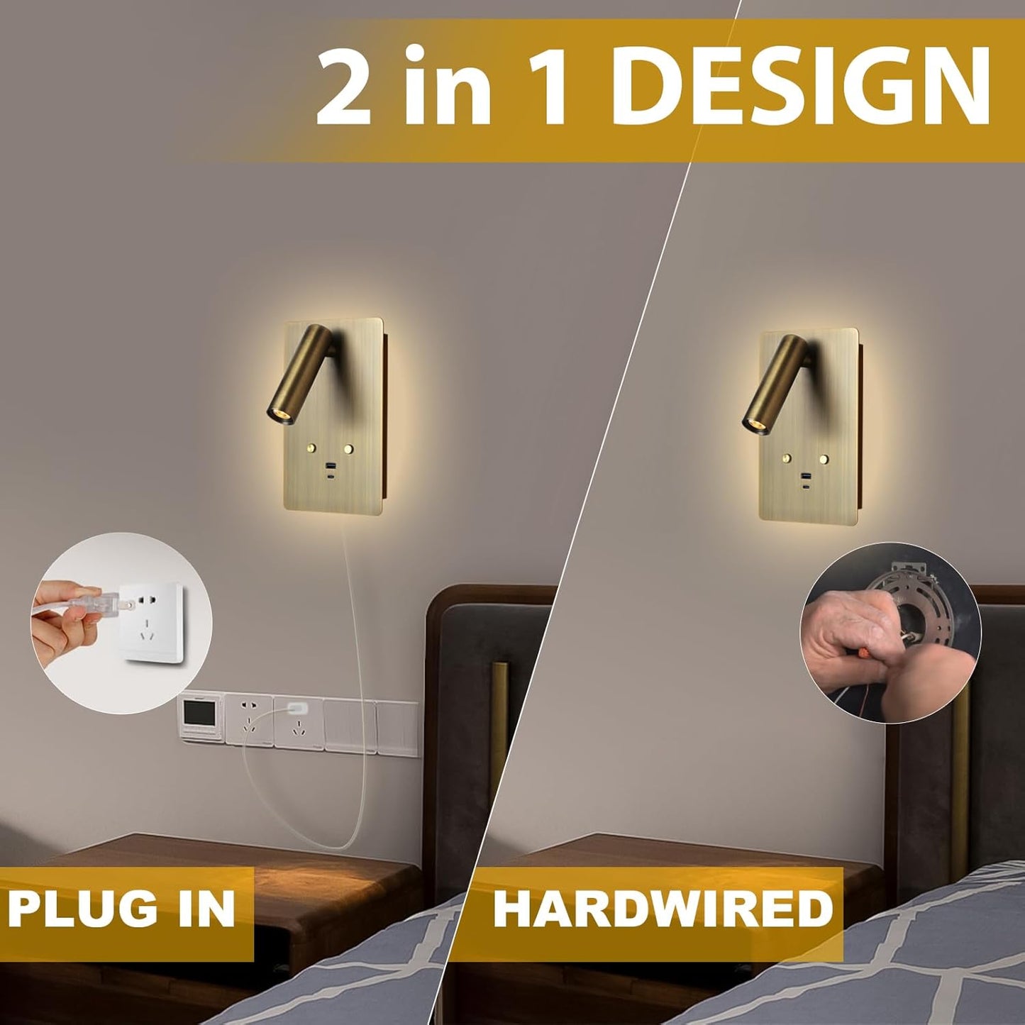 ZEROUNO Wall Mounted Reading Light Set of 2,Dimmable Adjustable Headboard Plug in Wall Sconce with USB A+C Ports,Touch Control Wall Light for Bedroom Bedside Lamps