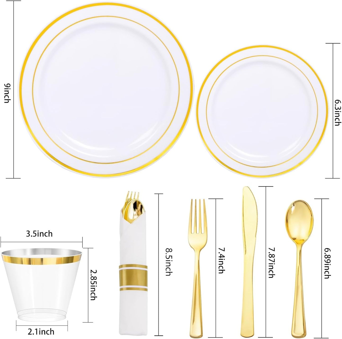350Piece Gold Dinnerware Set for 50 Guests - Gold Plastic Plates with Disposable Cutlery Include:50Dinner Plates-50Dessert Plates-50Pre Rolled Napkins with Silverware for Wedding