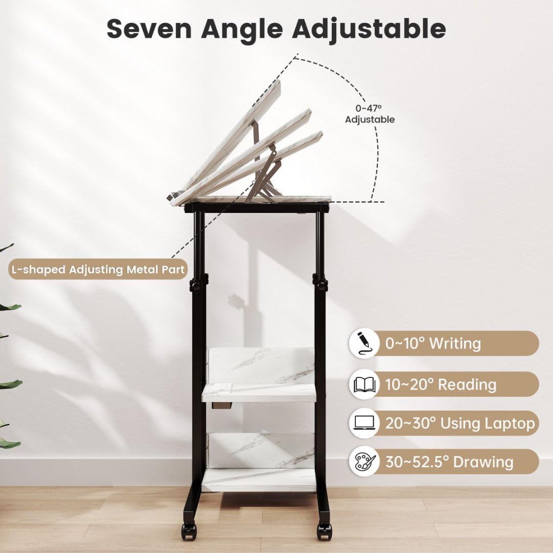 C-Shaped End Table with Charging Station — Tiltable, Height-Adjustable, Wheeled, Over-Bed Laptop & Drawing...