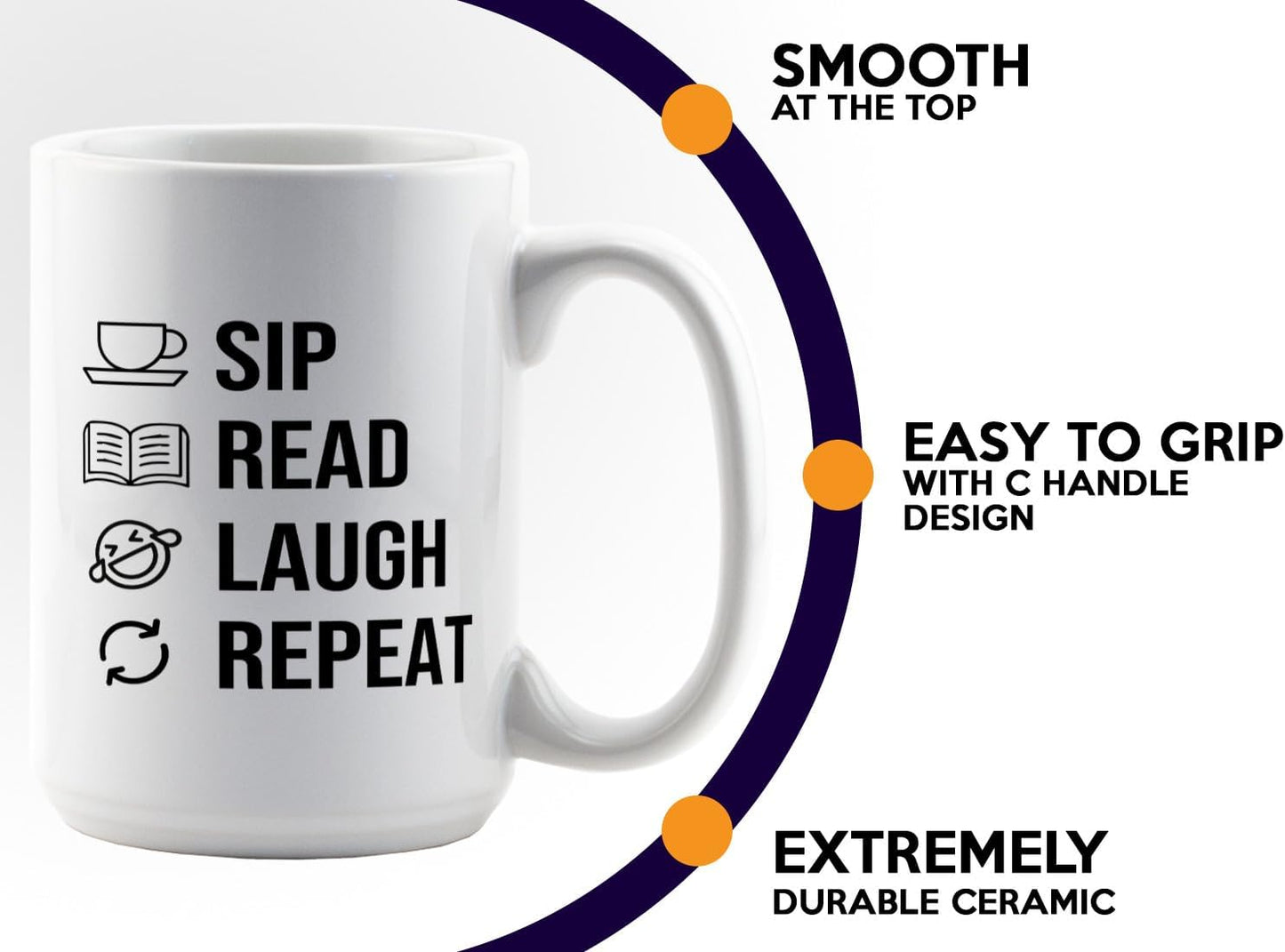 Book Lover Coffee Mug 15oz White -SIP Read Laugh - Bookworm Literature Library Book Lover Reader Booked Editor Intellectual Studious