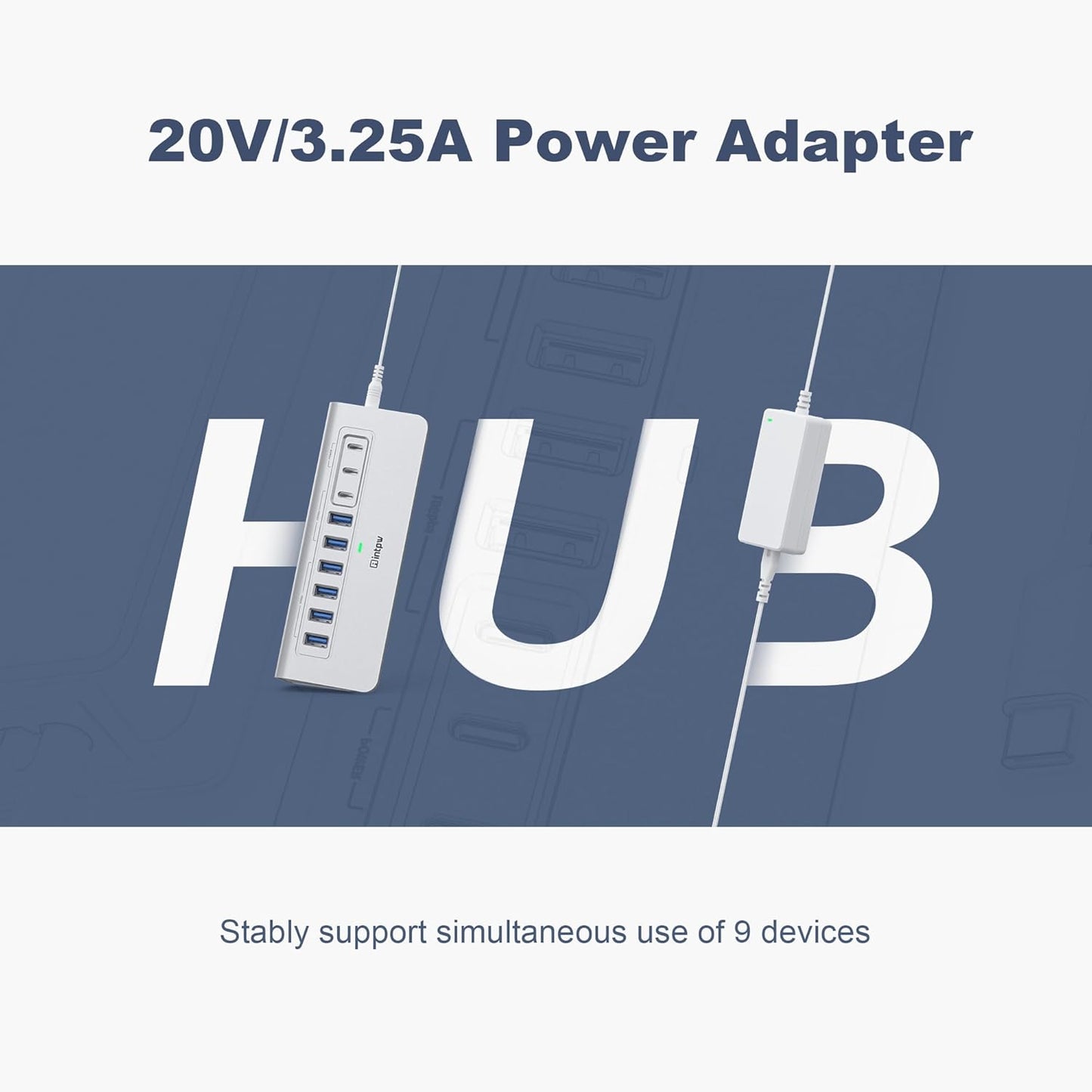 Powered USB Hub 10Gbps, intpw 9-Port USB 3.2 Hub, USB C Hub with USB A/USB C 3.2, 4 USB 3.0, 2 PD 45W Charging Ports, 65W Power Adapter and 3.3FT Cable, Aluminum USB Hub for Laptop, iPhone 17/16/15，PC