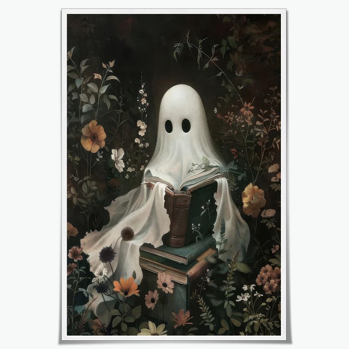 Medpol Vintage ghost wall art horror halloween canvas printed matter cute ghost reading books wall decor dark academia goth cottagecore posters for living room Unframed12x16inch