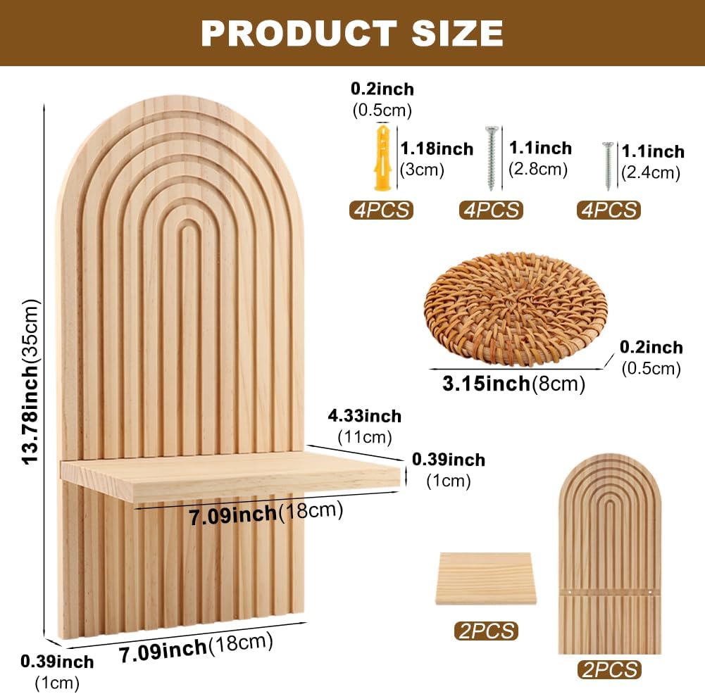 2Set Wooden Arched Wall Shelf,Boho Arched Floating Shelves Wooden Vintage Boho Wall Shelf,Book Display Rainbow Shelves for Home Bedroom Living Room Nursery Office (Brown,Size:35 * 1 * 18cm)