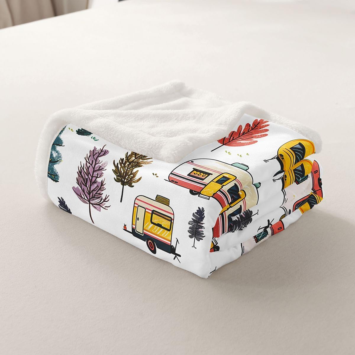 Feelyou Camping Sherpa Throw Blanket for Couch Happy Camping Super Soft Cozy Fleece RV Camper Blanket for Winter, Plush Throw 40"x50" All Season