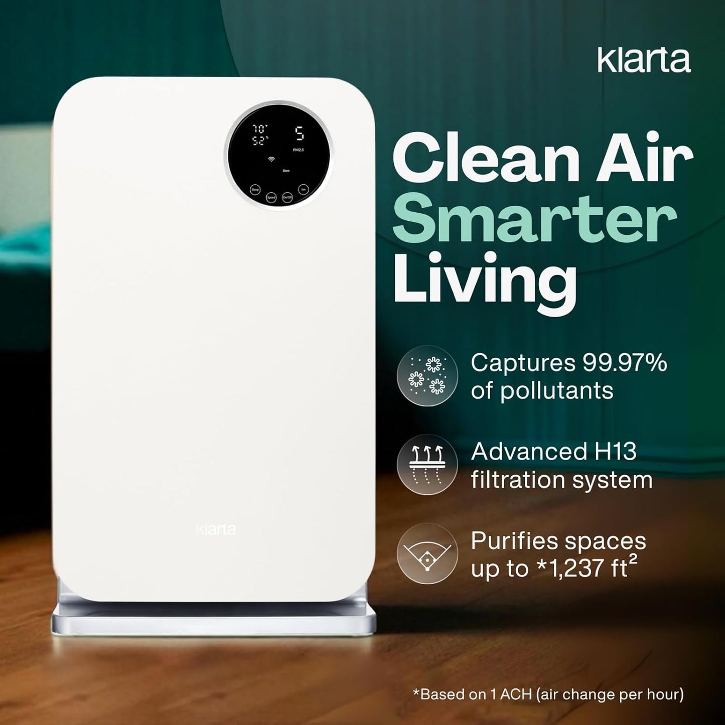 Air Purifier for Home - Smart WiFi App - Ultra Quiet 20 dB - Removes Allergens, Smoke & Odors - 99.97% Particle Filtration - Up to 1200 ft - Klarta Forste Wood Black