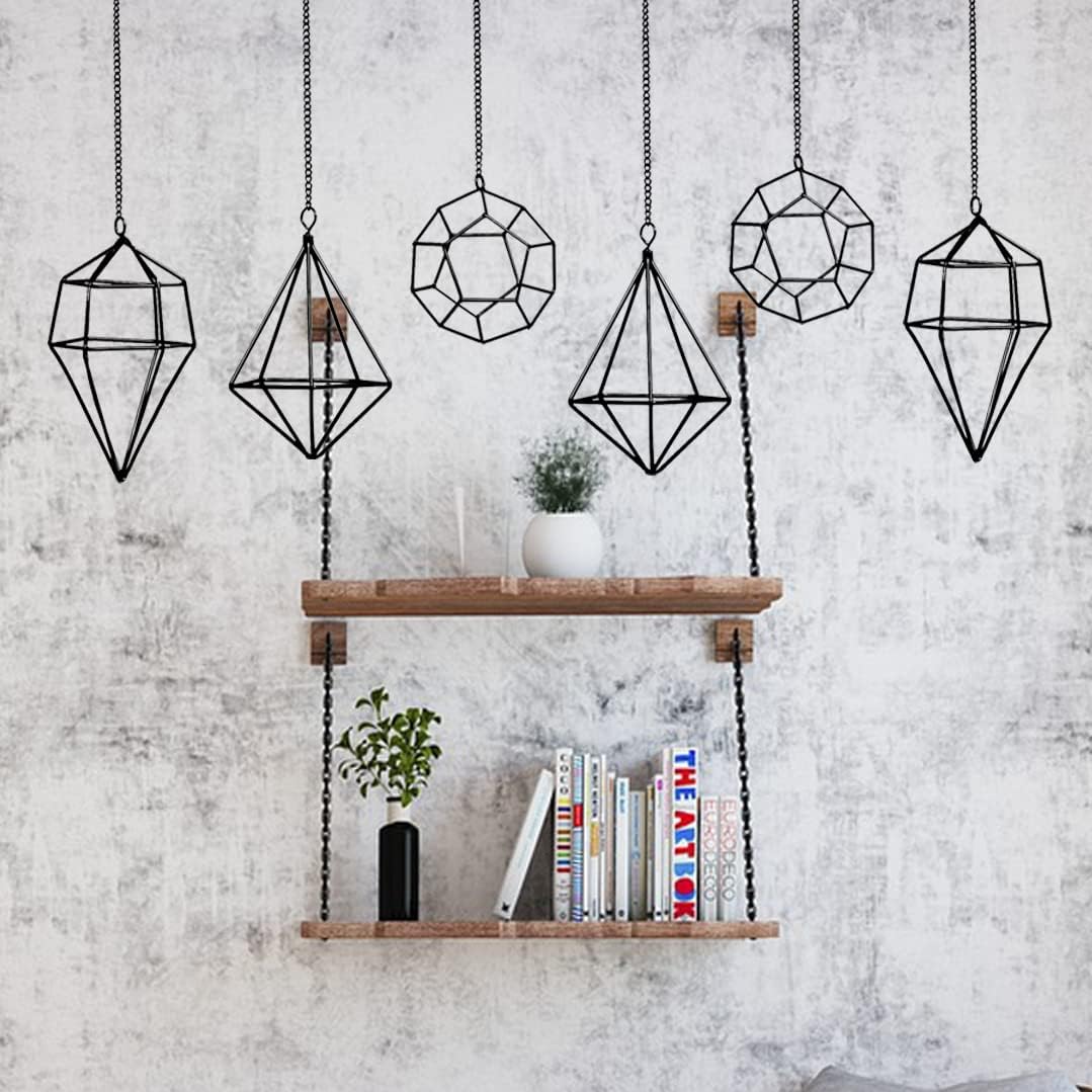 Iron Air Plant Holder, 6PCS Geometric Tillandsia Stand - Wall Mounted Hanging Planter for Home Office Decor, Black Metal Himmeli Craft for Air Ferns, Small Airplants Display