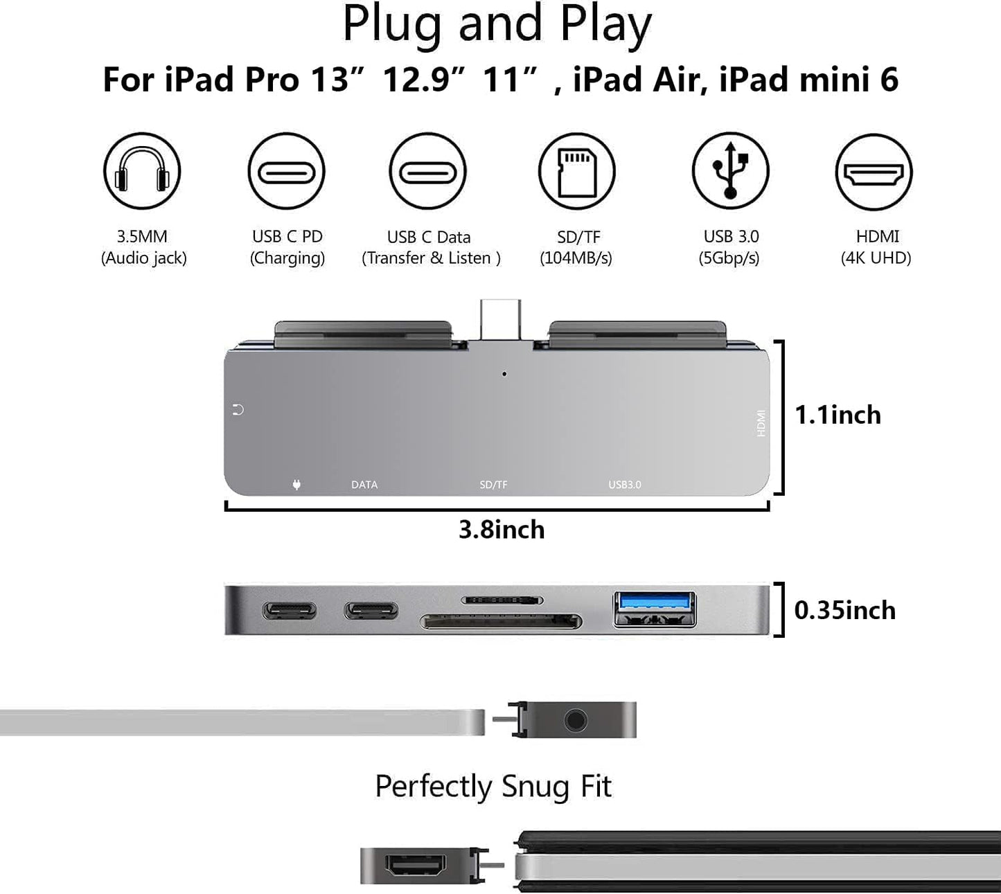iPad Pro USB C Hub, 7-in-1 Adapter for iPad Pro M4 M2 M1 13 12.9 11 inch iPad Air 5 4 Docking Station with 4K HDMI, USB-C PD, SD/TF Card Reader, USB 3.0, 3.5mm Headphone Jack, iPad mini 6 Accessories