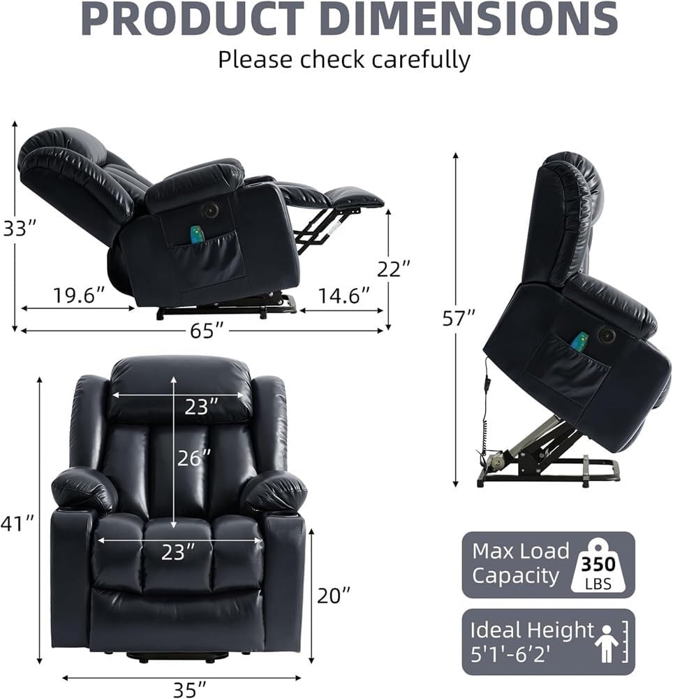 Power Lift Recliner Chair with Heat Massage USB Ports Cup Holders Electric Adjustable Recliner for Adults Remote Control Leather Upholstered Sofa Chair Ink Black