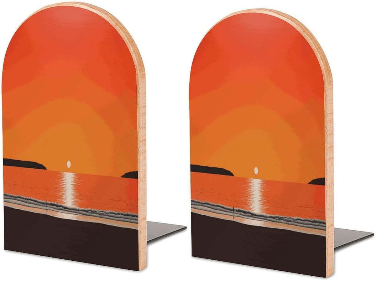 Sunset Over Water Wooden Bookend Non-Slip Book Ends Heavy Duty Book Stopper with Metal Base Books Holderd Decorative Bookends Stands Firmly for Office Supplies