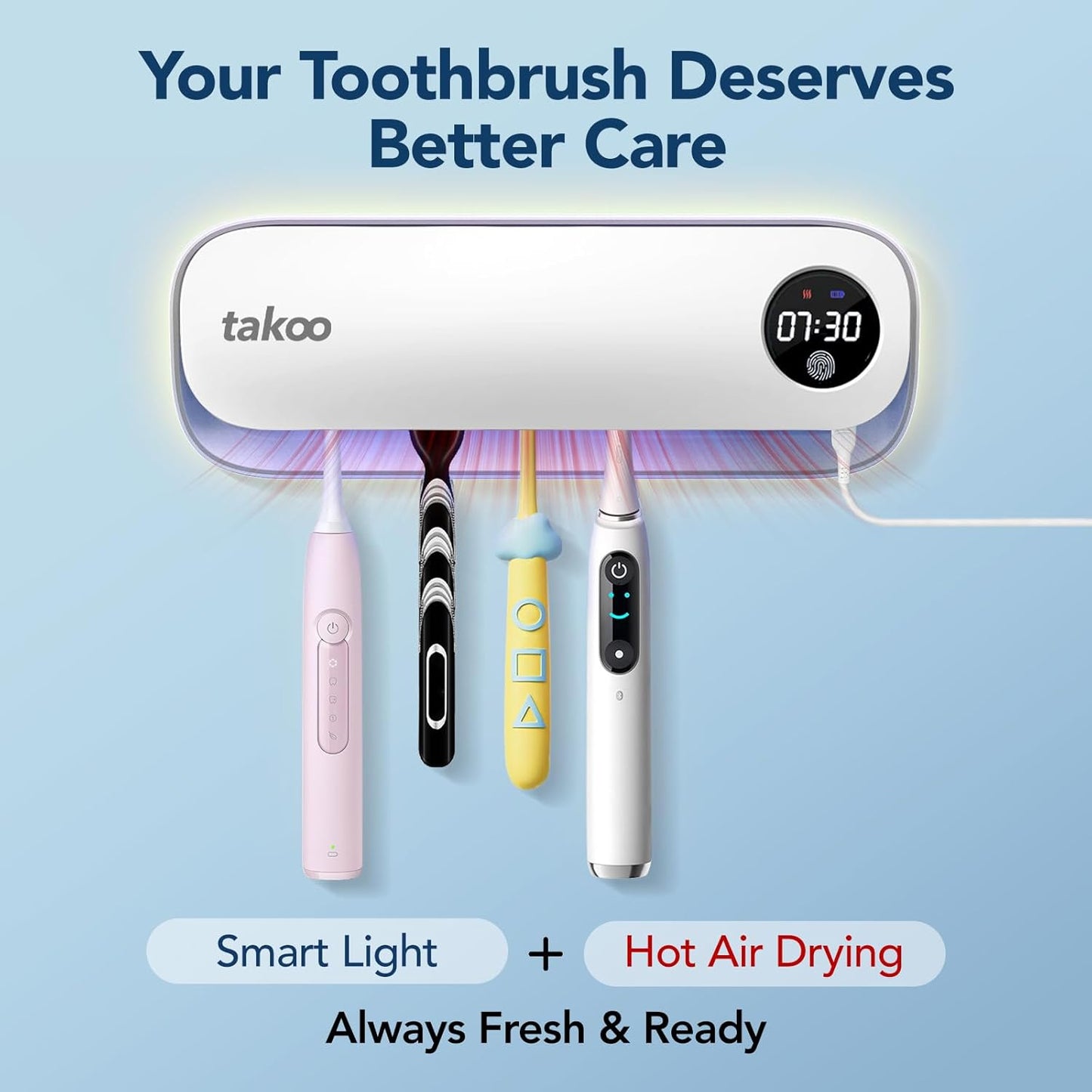 Takoo Toothbrush Cleaner, 4 Slots Wall Mounted Toothbrush Holder for Bathroom, Smart Hot Air Drying Technology, Rechargeable Smart Home Gadget