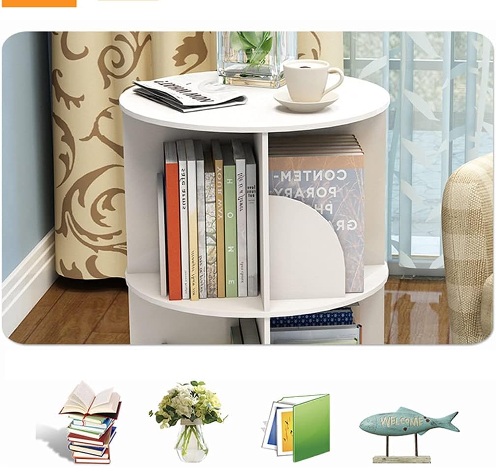 4-Tier White 360° Rotating Corner Bookshelf - Stylish Round Bookcase for Living Room & Library, Space-Saving Floor Shelf, Modern Home Decor Furniture