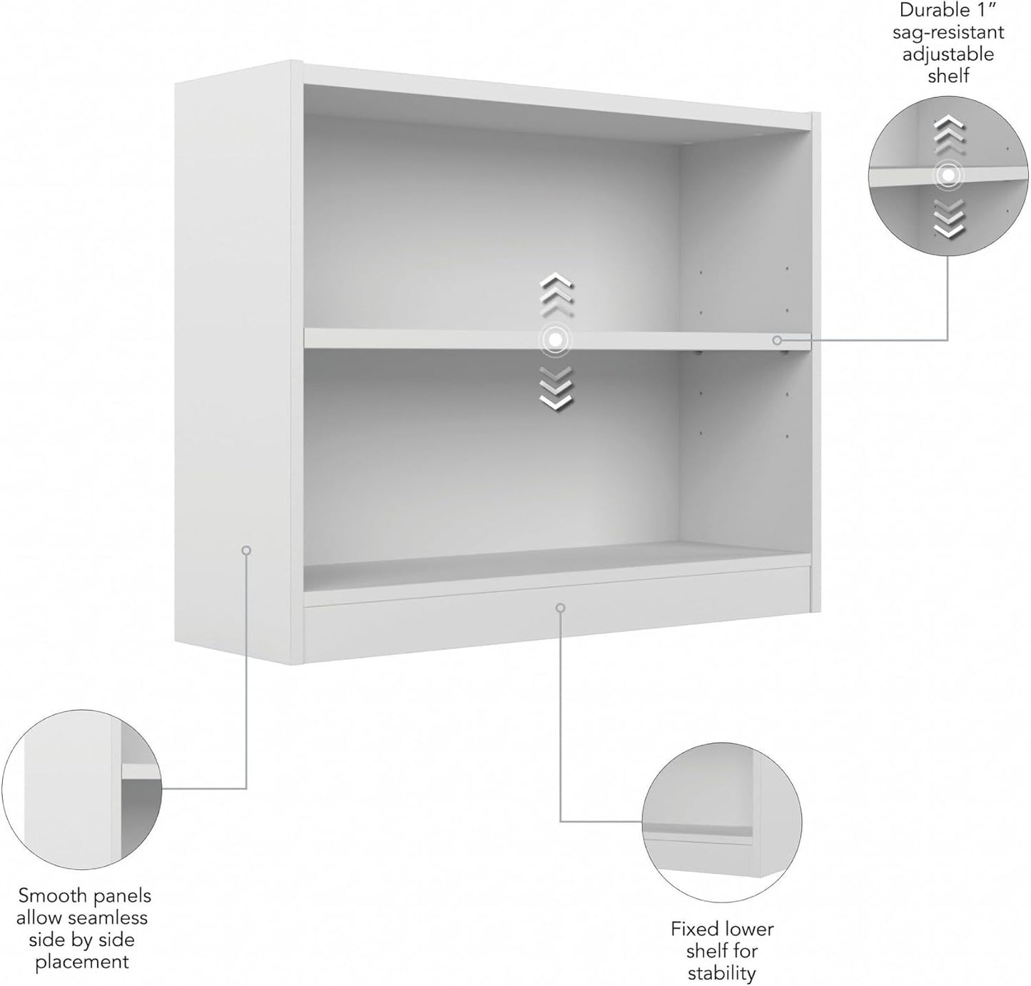 Bush Home Universal Small 2 Shelf Bookcase in White, Low Storage and Display Bookshelf for Home Office or Living Room Organization