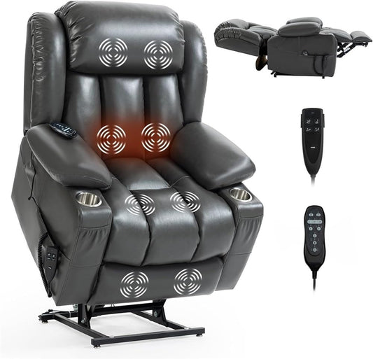 Power Lift Recliner Chair for Elderly, 180° Lay Flat Electric Recliner Sofa with Breathable Leather, Standing Assistance Sofa, Grey Lounging Chair with Side Pockets