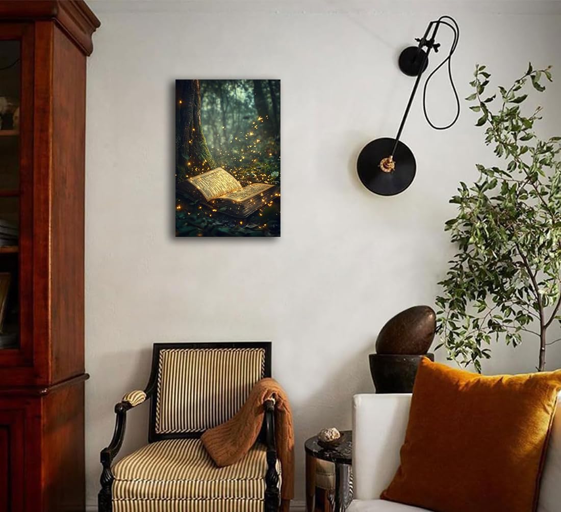 Fantasy Book Forest Canvas Print,Book Lovers Day picture,Dark Academia Magical Books Wall Art,Retro Library Books Club Party Decorations Gifts,Aesthetic Poster for Bedroom Living Room,16"x24" Unframed