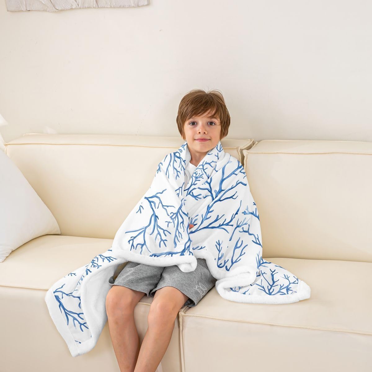 Feelyou Nautical Coastal Sherpa Throw Blanket for Couch Beach Ocean Coral Super Soft Cozy Fleece Blue Blanket for Winter, Plush Throw 40"x50" All Season