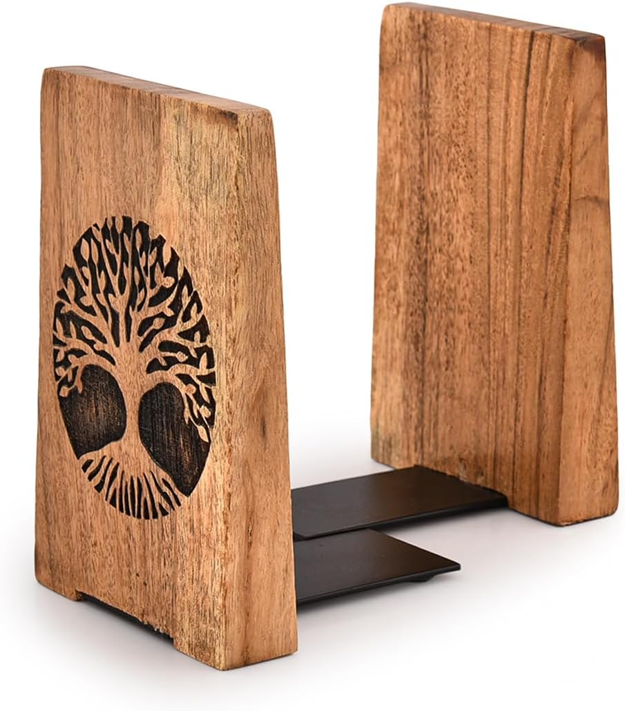 EDHAS Decorative Bookends Iron & Acacia Wood Decorative Bookshelf Book Ends Heavy Duty Bookends Desktop Organize Books (4" X 4" X 6"), (Set of 2)