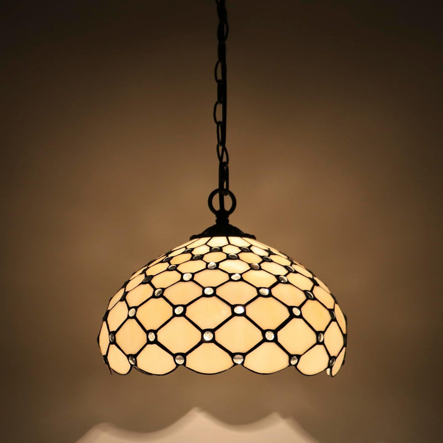 Tiffany Pendant Light Plug in Stained Glass Hanging lamp 12X12X181 Inch Hanging Lamp Living Room Bedroom Kitchen Dining Room Office(Cream Bead)