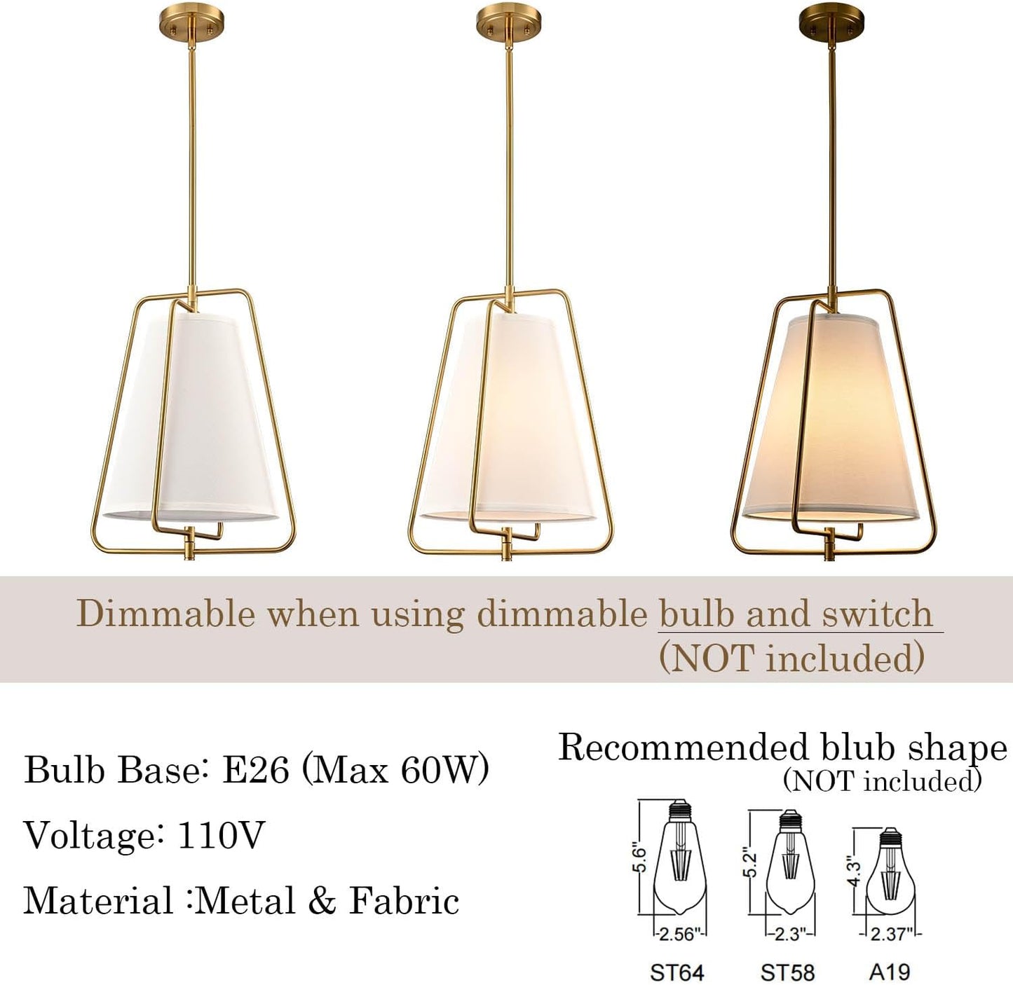 HYDELITE Vintage Gold Pendant Light with White Linen Fabric Adjustable Height Chandelier Brass for Living Room,Dining Room,Kitchen Island,Hallway