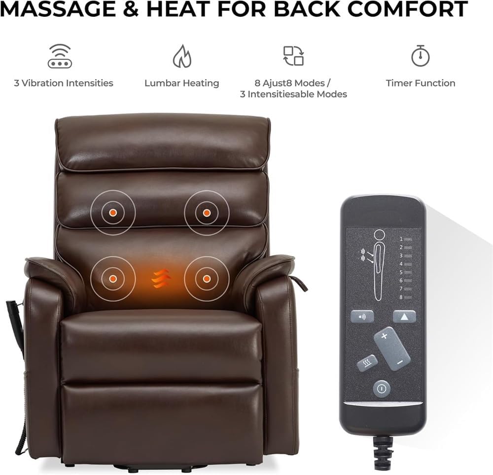 Dual Motor Power Lift Recliner for Elderly Heavy Duty 300 lb Capacity Lay Flat Infinite Position Heated Massage Adjustable Faux Leather Power Recliner Sofa Brown Medium