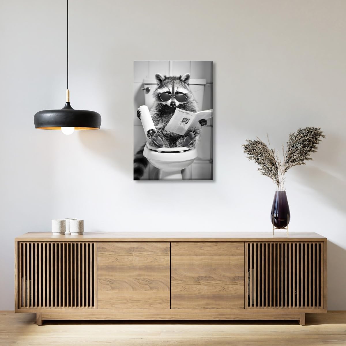 Funny Bathroom Wall Art Raccoon on Toilet Reading Newspaper Poster Trendy Black and White Art Aesthetic Canvas Prints for Bedroom Toilet Wall Decor12x18inch Unframed