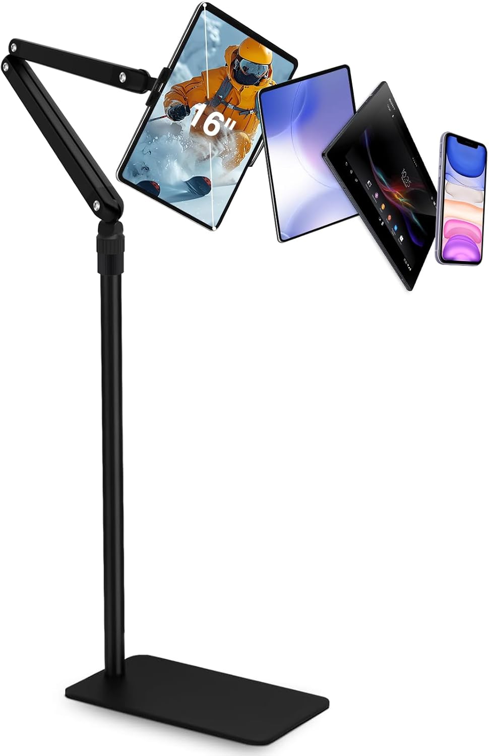 Tablet Floor Stand Adjustable, iPad Floor Stand Adjustable with Heavy Duty Base for 4.7''-16'', Compatible with iPhone iPad Pro Air Mini, Tablet