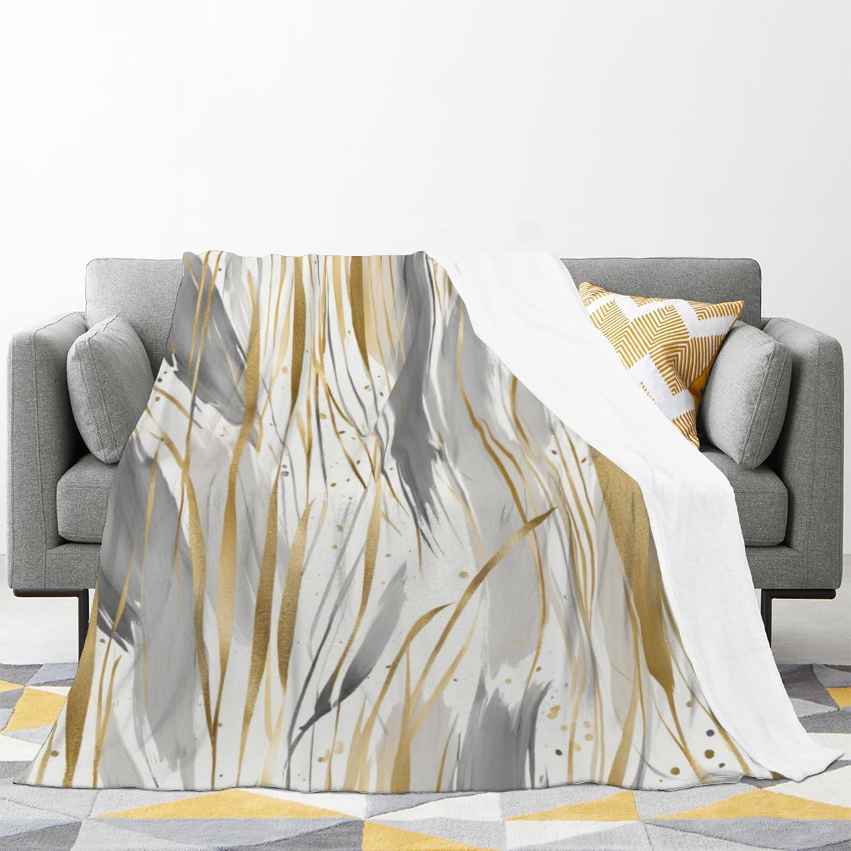 Decorative Throw Blanket for Couch Sofa Bed 50x60 – Soft Flannel Blanket Bedroom Living Room Watercolor Paint Strokes Pattern Abstract Gold Beige and Gray Print Design