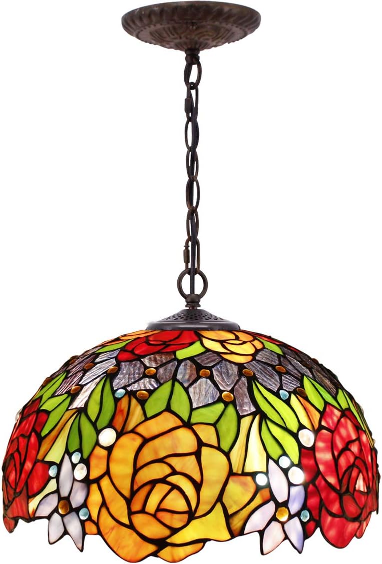 WERFACTORY Tiffany Pendant Light Fixture Red Yellow Rose Stained Glass Hanging Lamp Wide 16 Inch, Height 40 Inch S001 Series