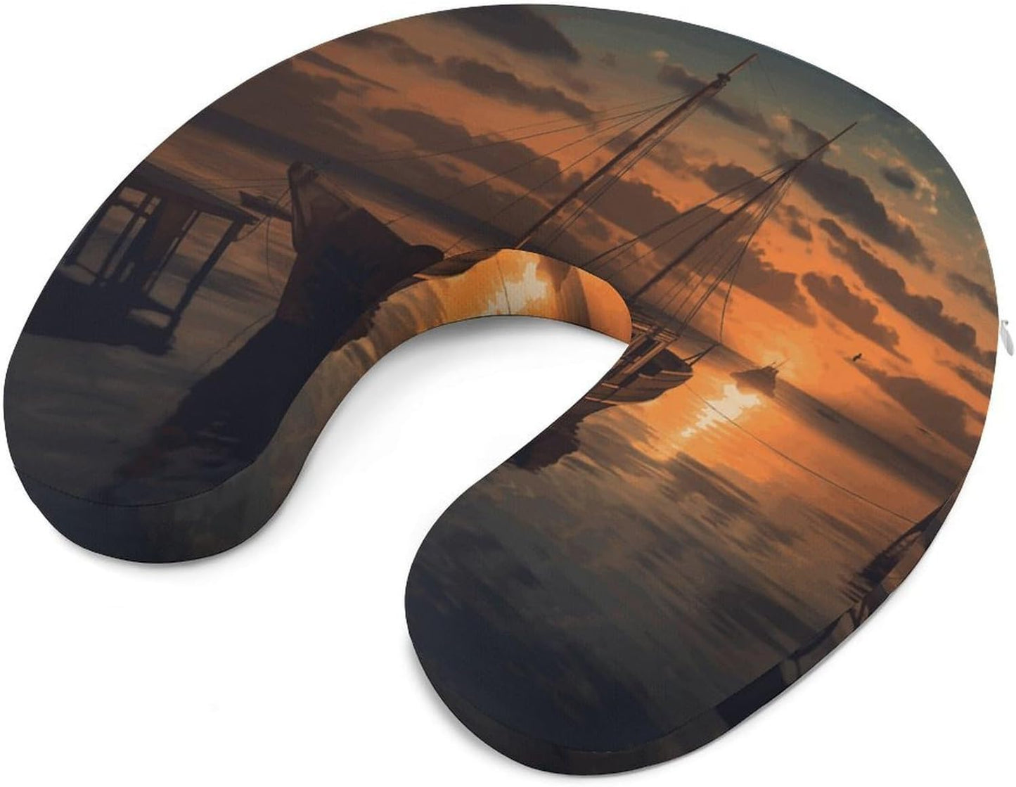 Boat at Dusk Neck Pillow Memory Foam U Shaped Pillows Portable Pillows for Shoulder Travel Head Support Pillow with Concealed Zipper for Airplane Car Home Office