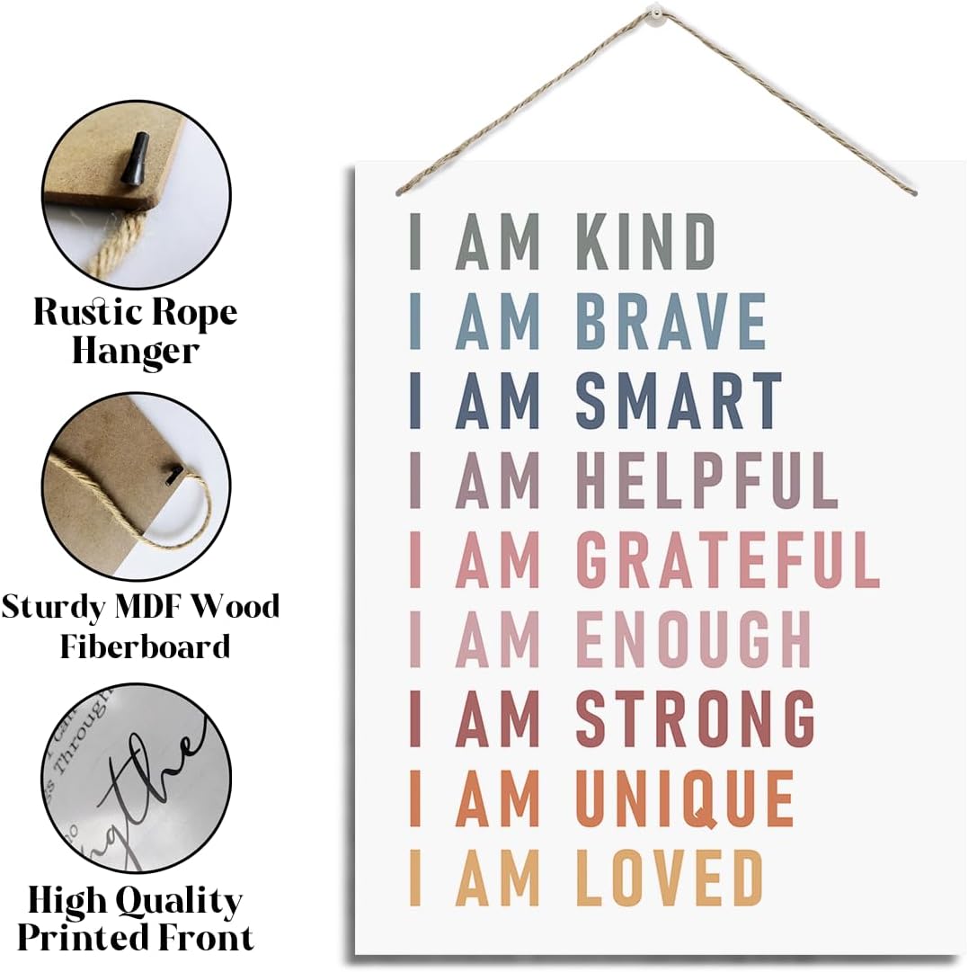 Inspirational Self Affirmations Wood Plaque - Rustic Hanging Art for Classroom, Bedroom & Playroom - Motivational Gift: I Am Kind, Brave & Smart