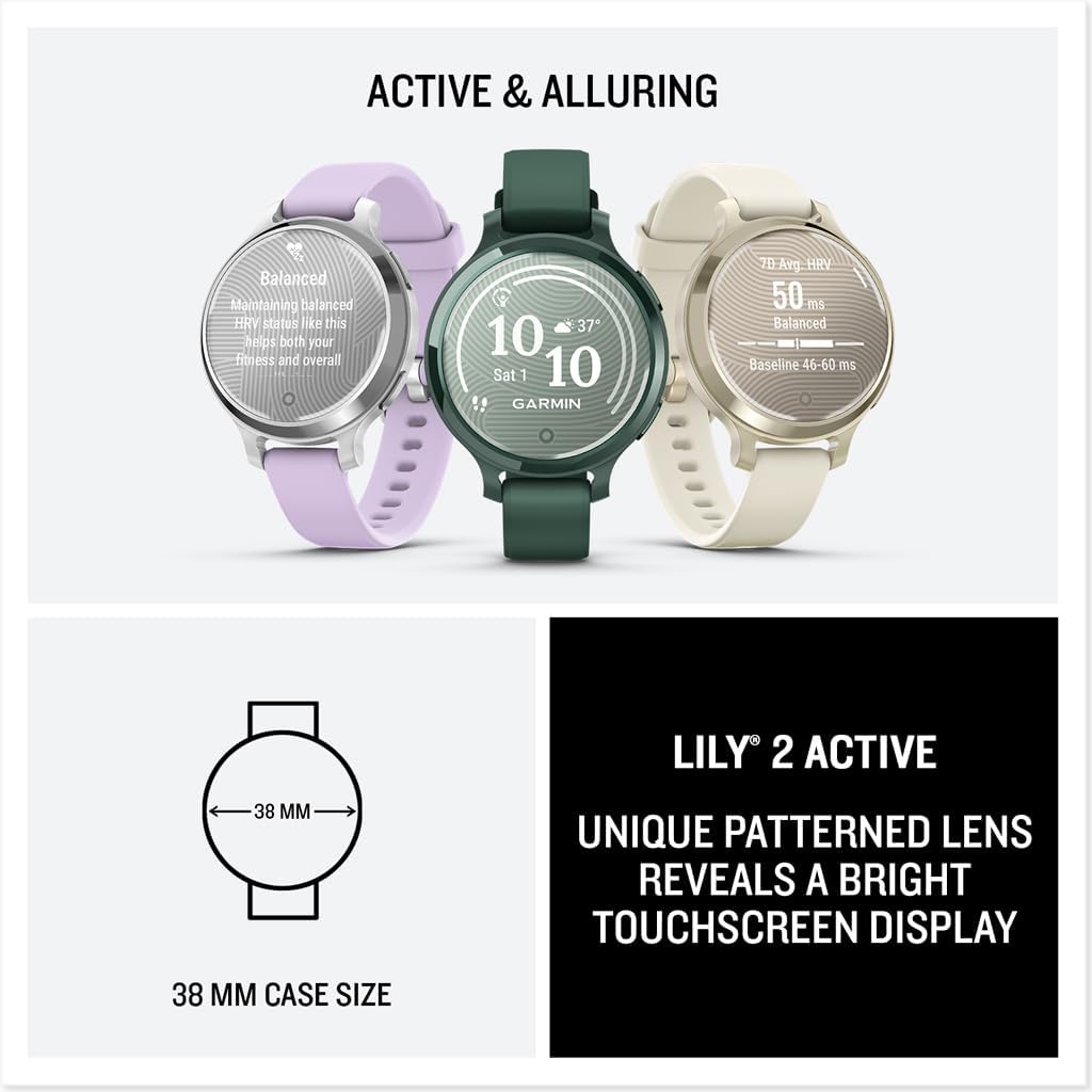 Garmin Lily® 2 Active, Small and Stylish Smartwatch, Built-in GPS, Hidden Display, Patterned Lens, Up to 9 Days Battery Life, Jasper Green with Jasper Green Silicone Band