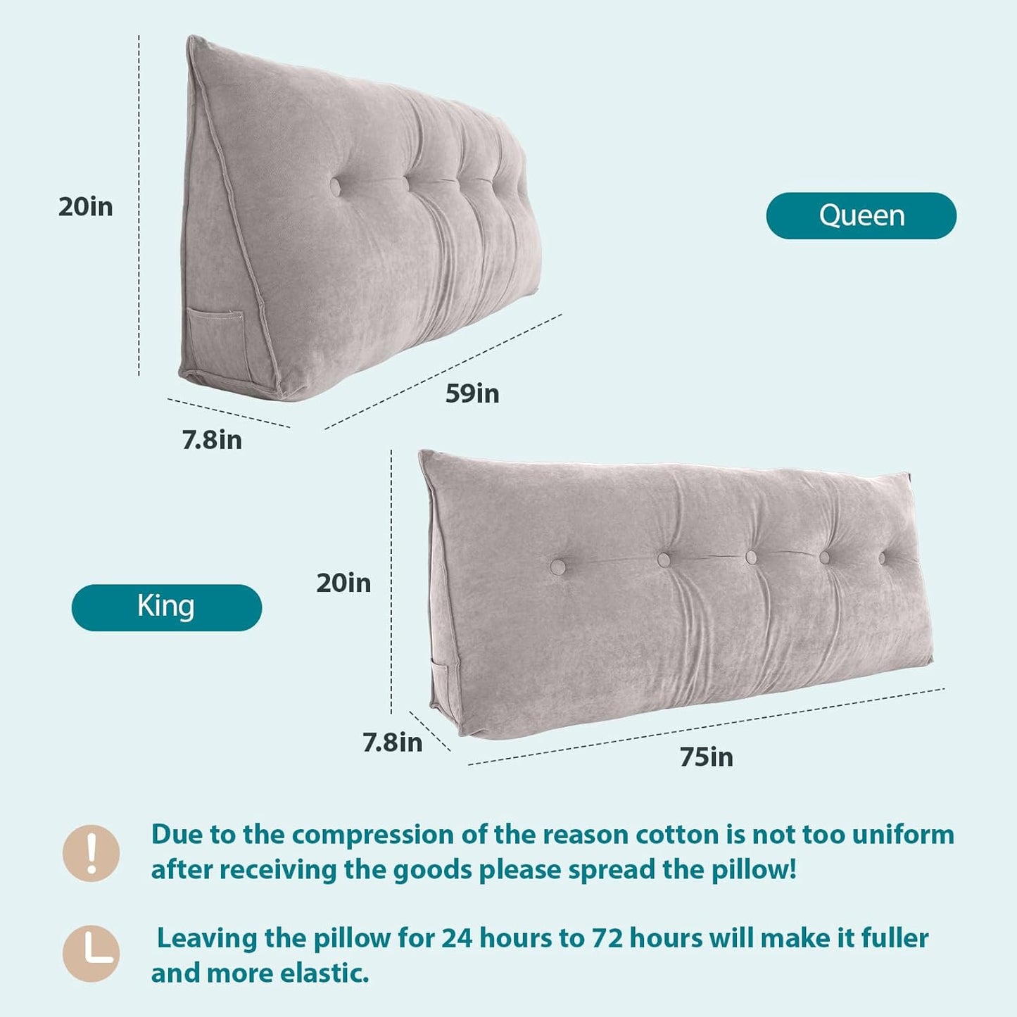 FAHKNS Wedge Pillow Headboard Queen, Removable Bed Wedge Pillow, Triangle Headboard Pillow for Bed, Sofa, Patio, Glass Window Floor, Light Gray