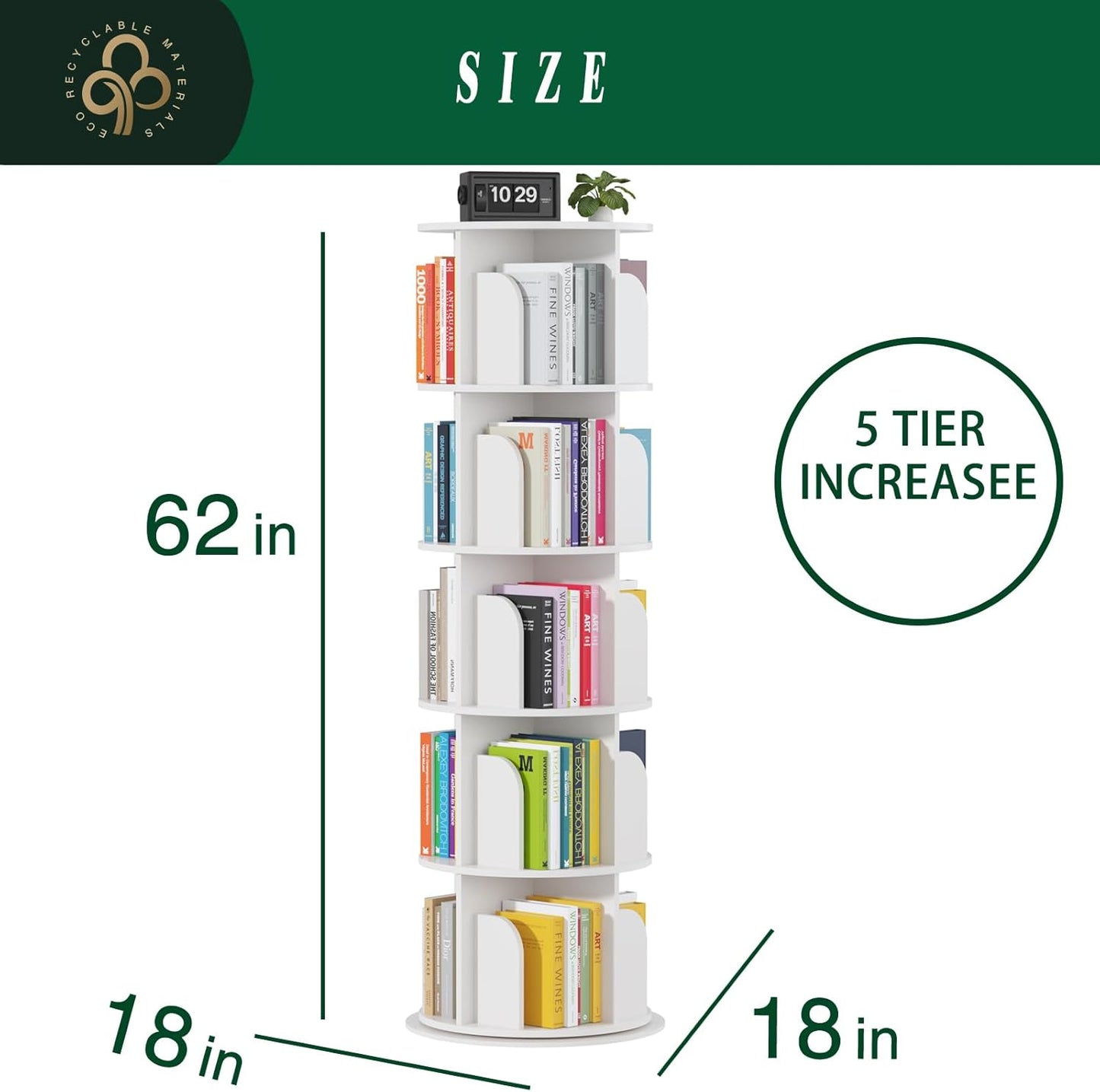 Rotating Bookshelf Tower 5 Tier,Spinning Bookcase, Revolving 360 Book Shelf Narrow Tall Bookcase, Vertical Turning Round storage Bookshelf ,Book Shelf Organizer for Bedroom, Living Room, White