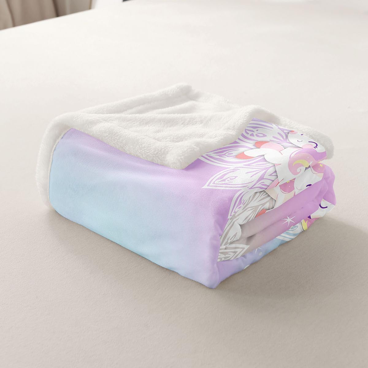 Rainbow Unicorn Fleece Blanket Twin Size for Girls Women, Pink Girly Glitter Plush Bed Blanket Sparkle Galaxy Twinkle Throw Blanket, Boho Rainbow Mandala Flower Flannel Blanket Ombre Room Decor