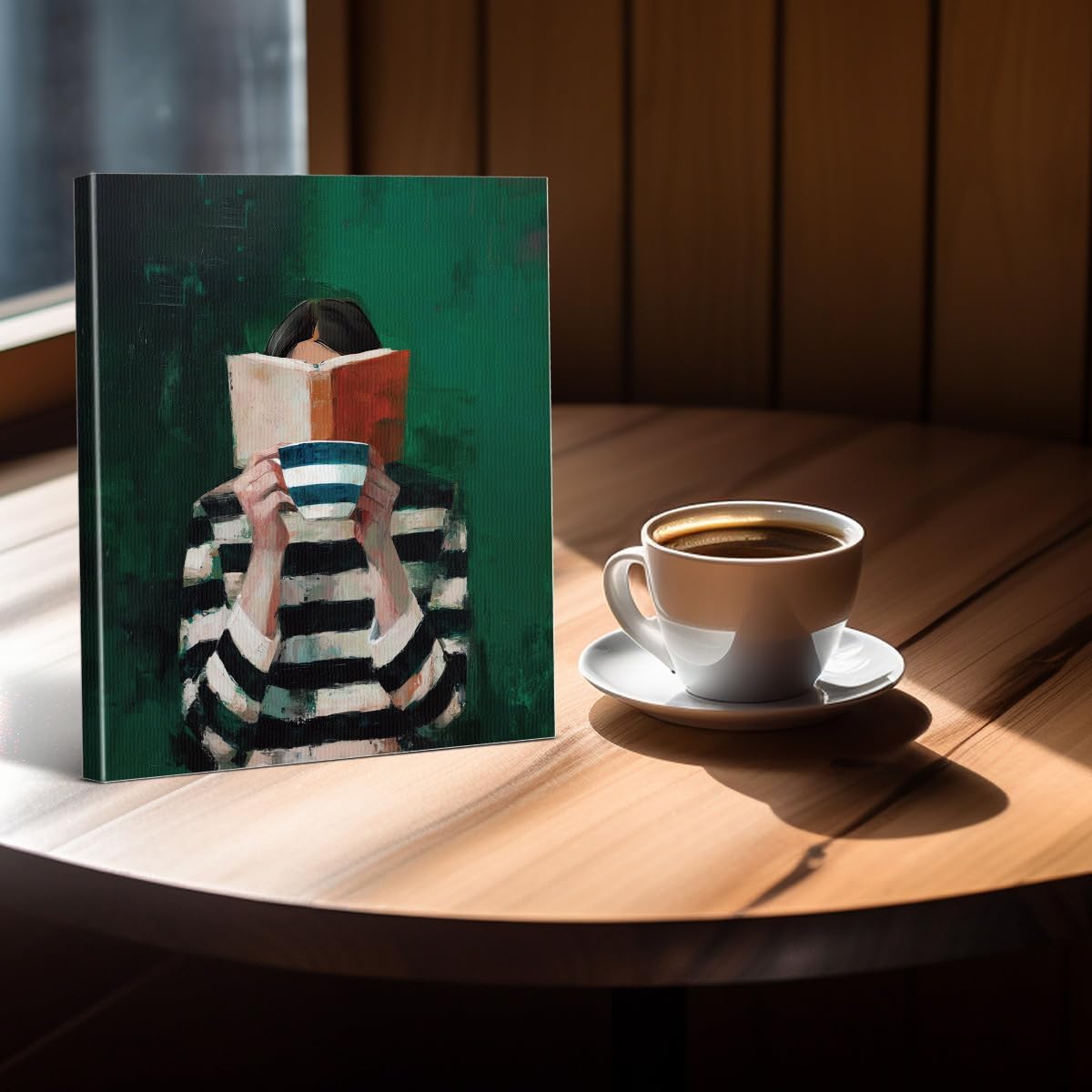 Vintage Reading Woman Canvas Wall Art Print Striped Sweater Girl Picture Painting Artwork Emerald Green Wall Decor for Home Living Room Reading Room 8x10 Framed