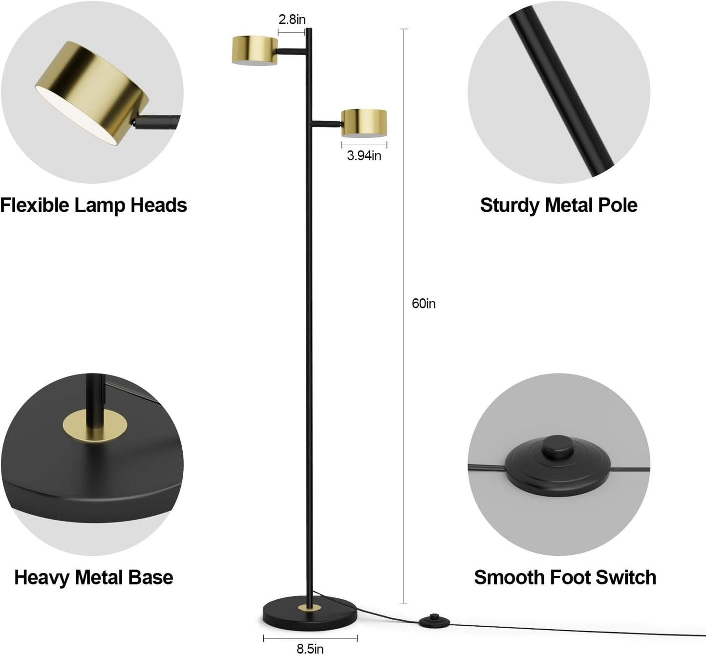 LED Floor Lamp with 3 Color Temperatures, Flexible Heads & Foot Switch, Adjustable Standing Reading Lamp for Office, Bedroom & Living Room