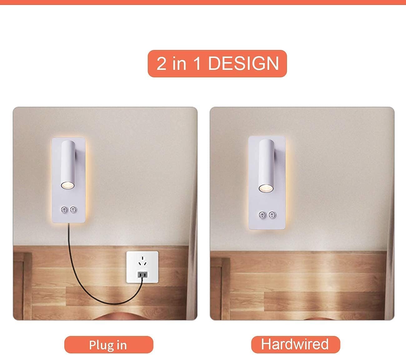 LED Wall Lamp Bedside Reading Light Plug-in 3W Headboard Wall Sconce Adjustable Wall Light with On-Off Switch Background Light 3000K(White)