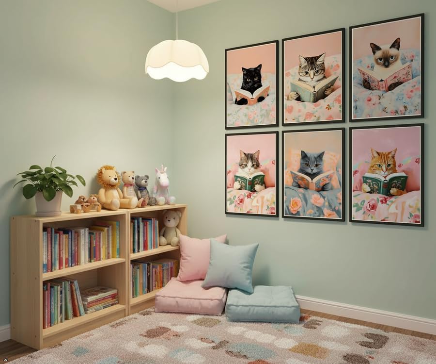 Zhfmoir Cute Cat Reading Posters Wall Art Set of 6, Funny Cats with Books Prints Aesthetic Kitty Wall Decor for Girls Bedroom Kids Room Nursery Classroom Library Decor 8x10 Inch Unframed