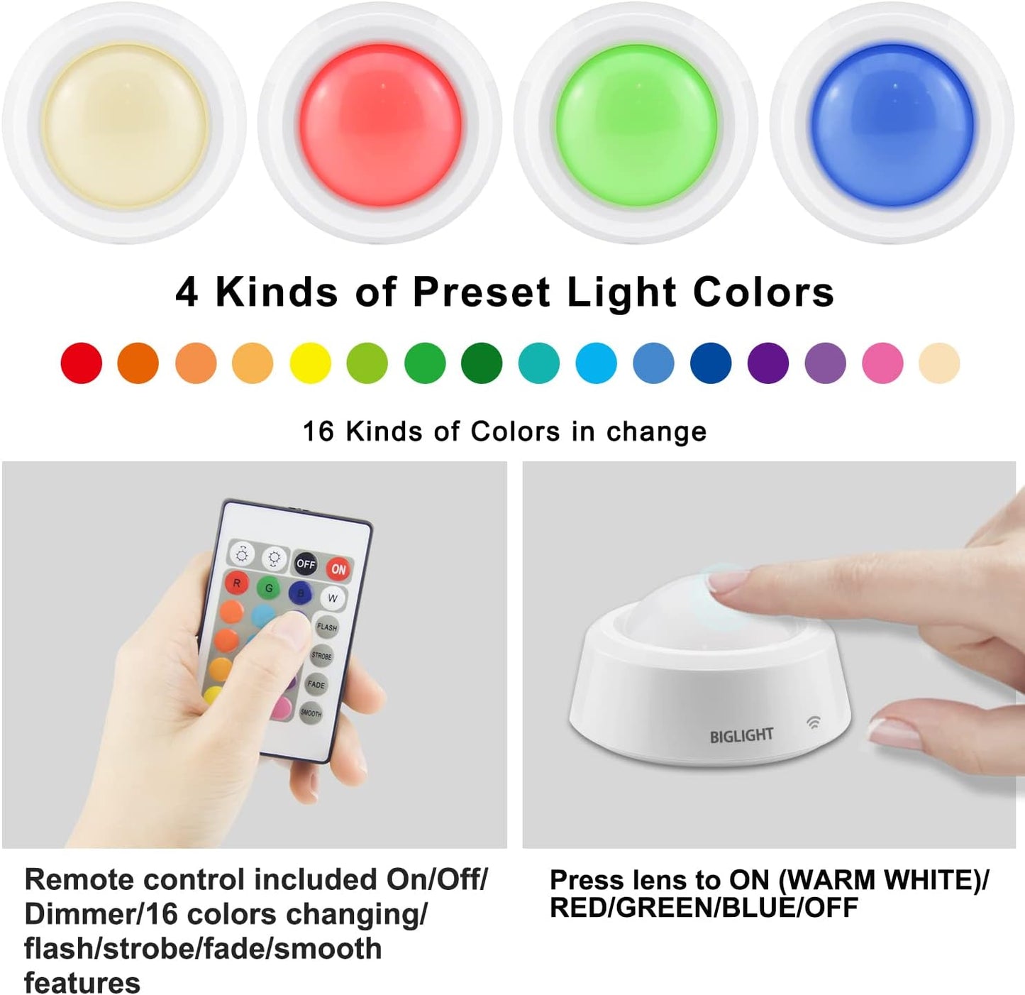 BIGLIGHT Battery Operated Closet Lights with RGB, Wireless Tap Light, LED Puck Lights, Remote Controlled Color Changing, Stick on Voice Level Lights for Classroom， 4 Pack