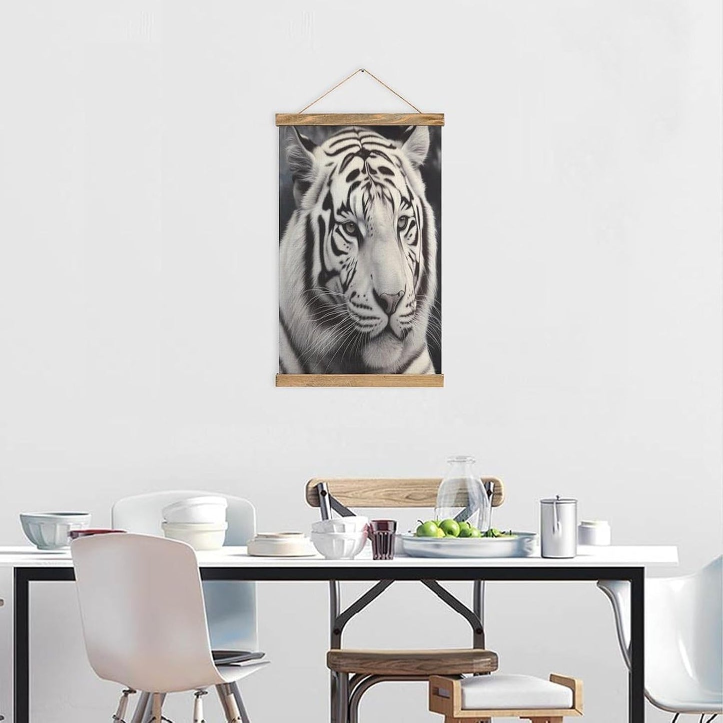 Vintage White Tiger Poster with Wooden Frame Personalized Linen Hanging Scroll Painting Rustic Wall Hanging Illustrative Modern Artwork Decor for Home Living Room Bedroom Office