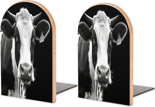 Animal Funny Cow Head Black White Bookends 1 Pair Heavy Duty Book Ends for Shelves Non-Skid Bookend Supports Wooden Book Holders with Metal Base Desk Organizers Books Storage to Hold Books
