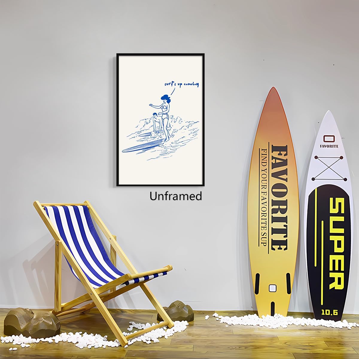 XMJJQQ Surf's Up Coming Poster, Blue Summer Beach Canvas Wall Art, Coastal Cowgirl Cowboy Surfing Print, Surfboard Beachy Room Aesthetic Poster, Cool Minimalist Picture for Bedroom 8x12in Unframed